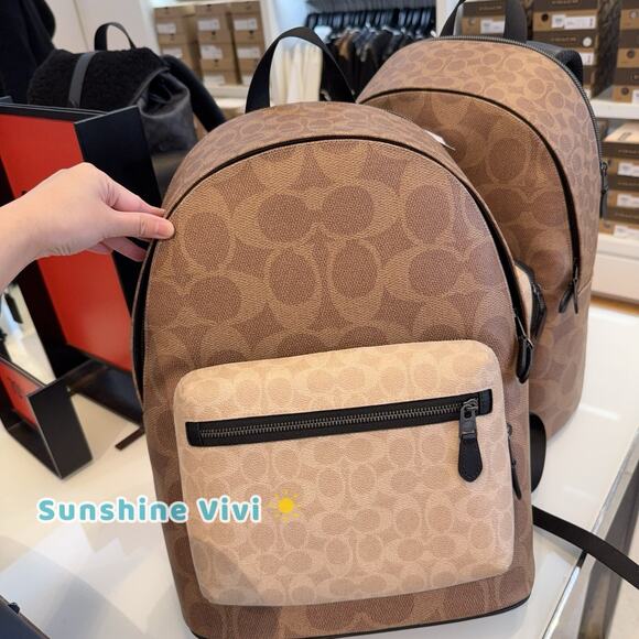 NWT Coach Men’s West Backpack In Blocked Signature Canvas CAB59 Sand/Tan - Picture 1 of 9